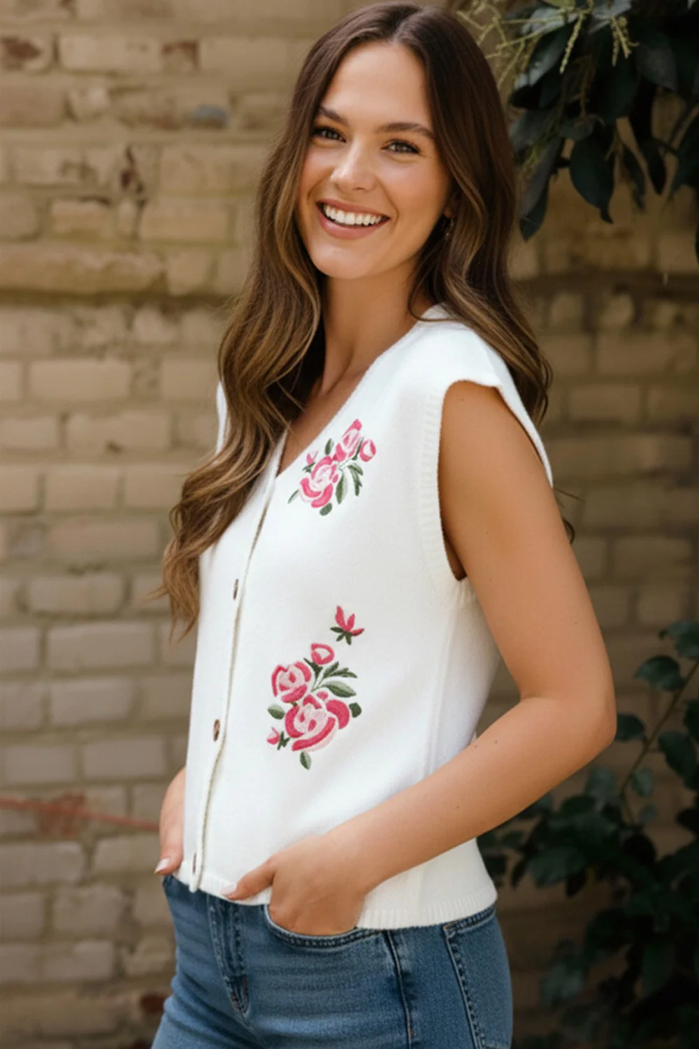 PLUS BUTTON DOWN FLORAL EMBROIDERY SWEATER VEST