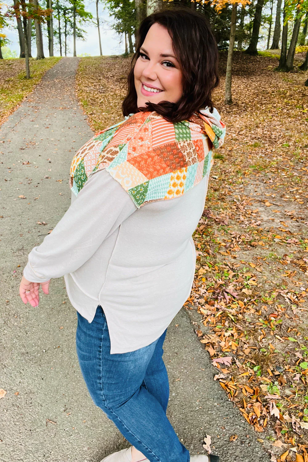 Rust & Olive Patchwork Print Yoke Hoodie Top (Open Pack)