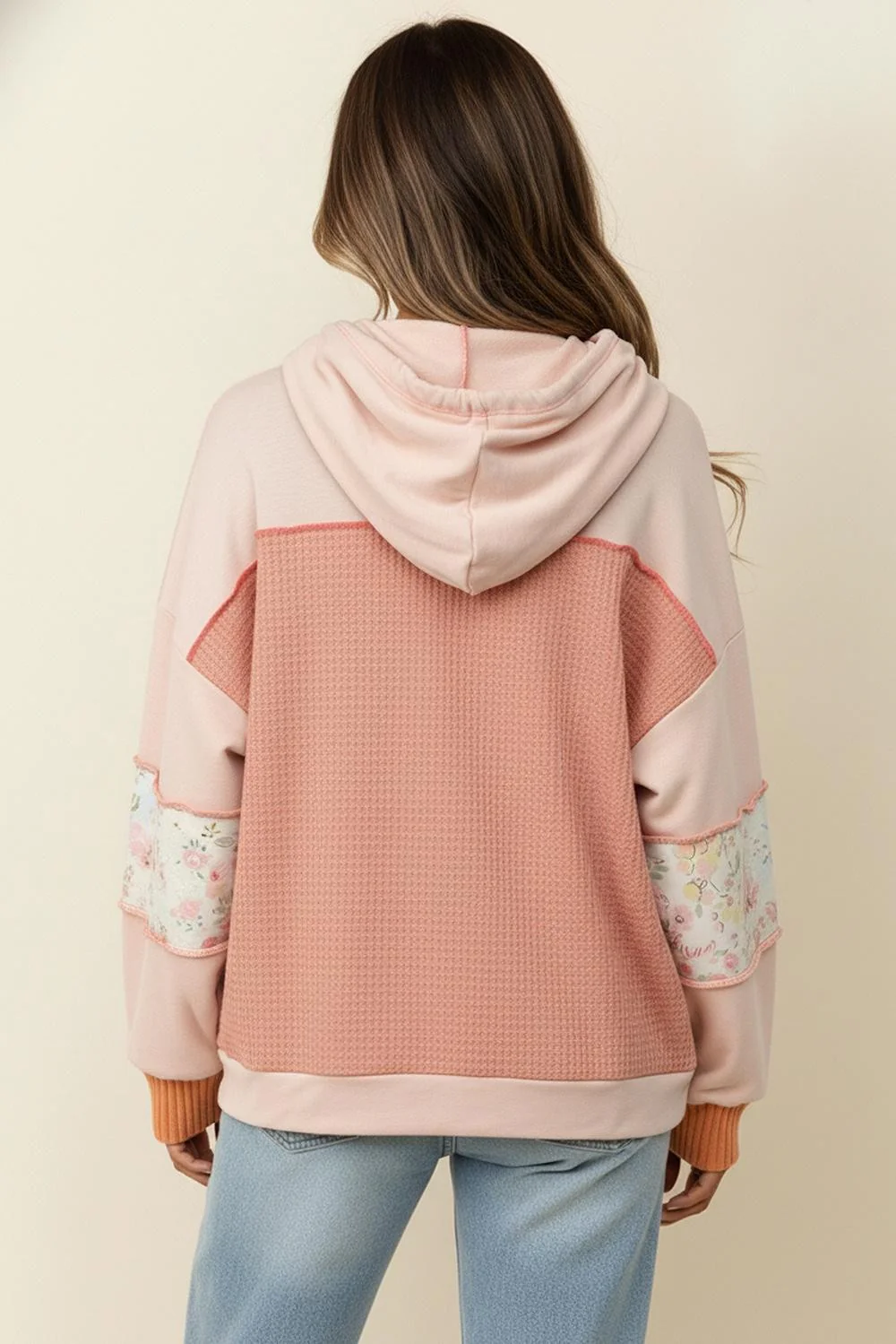 BUTTON WAFFLE FLORAL COLOR BLOCK HOODIE JACKET