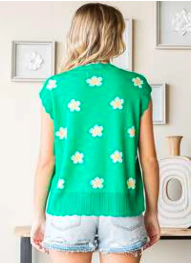 GREEN FLORAL PATTERN LIGHT KNITTED VEST