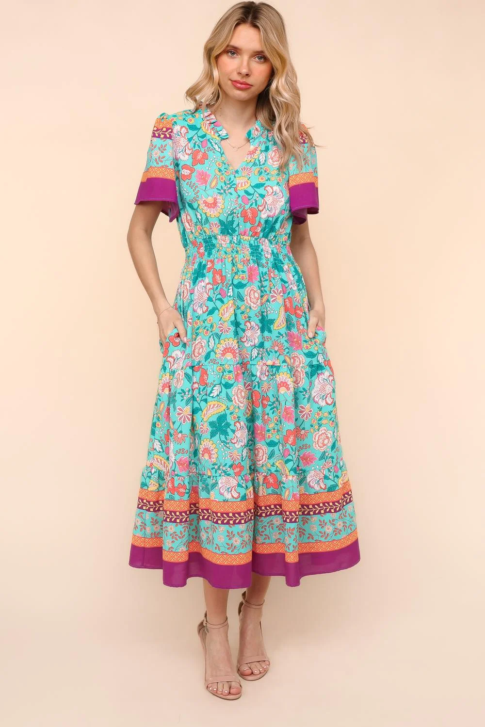 MAX FLORAL BORDER PRINT DRESS W/SIDE POCKETS