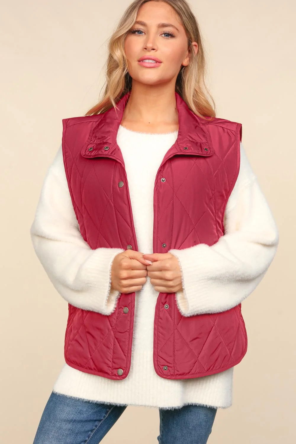 Burgundy Sleeveless Snap Button Quilted Puffer Vest