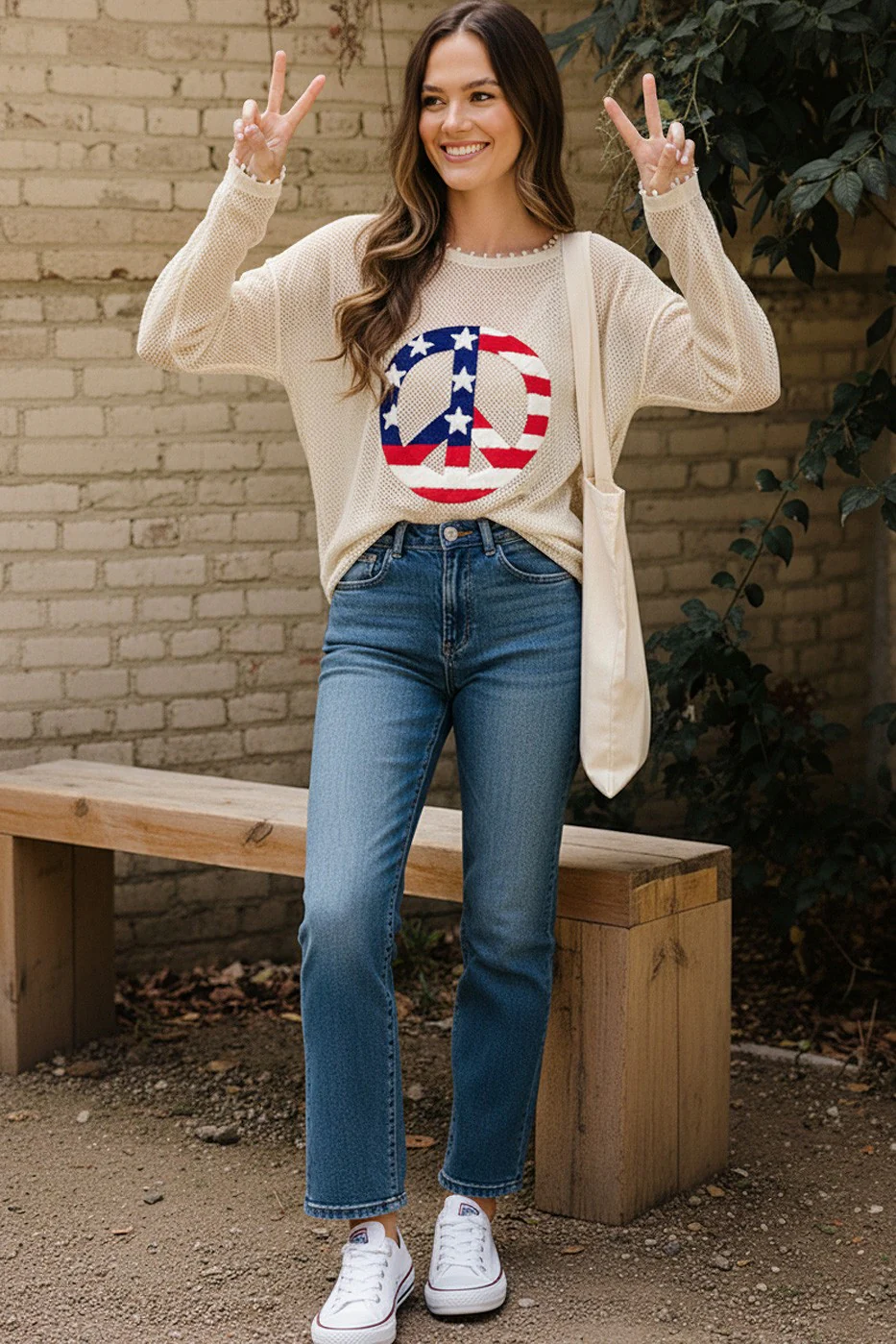 PEACE PATRIOTIC EMBROIDERY NETTED SWEATER