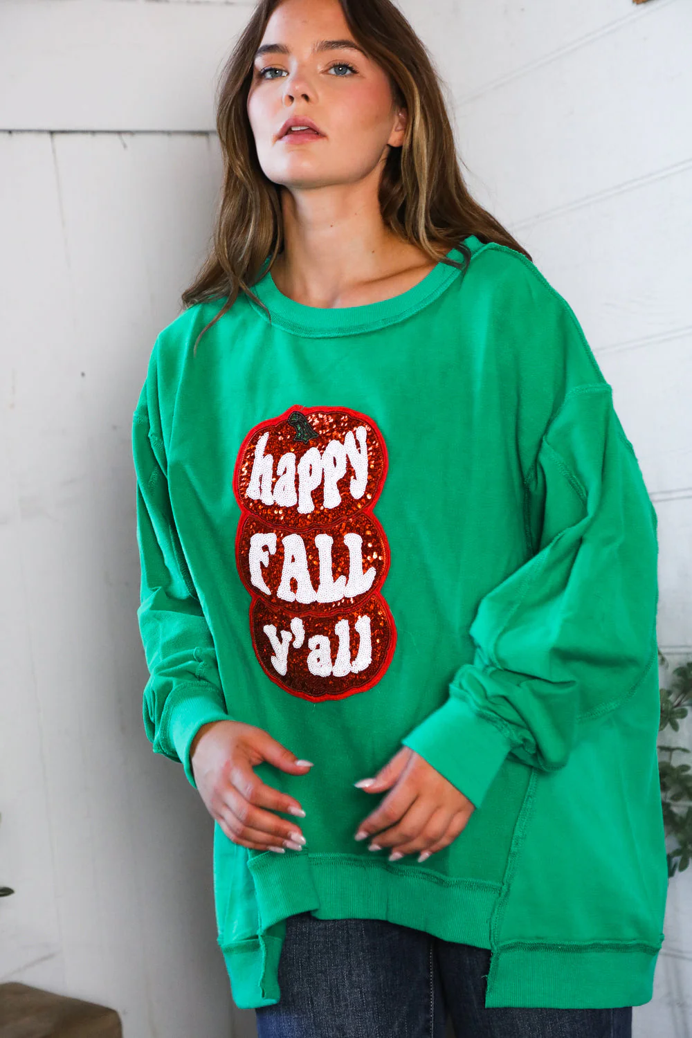 'Happy Fall Y'all' Kelly Green Sweater (Open Pack)