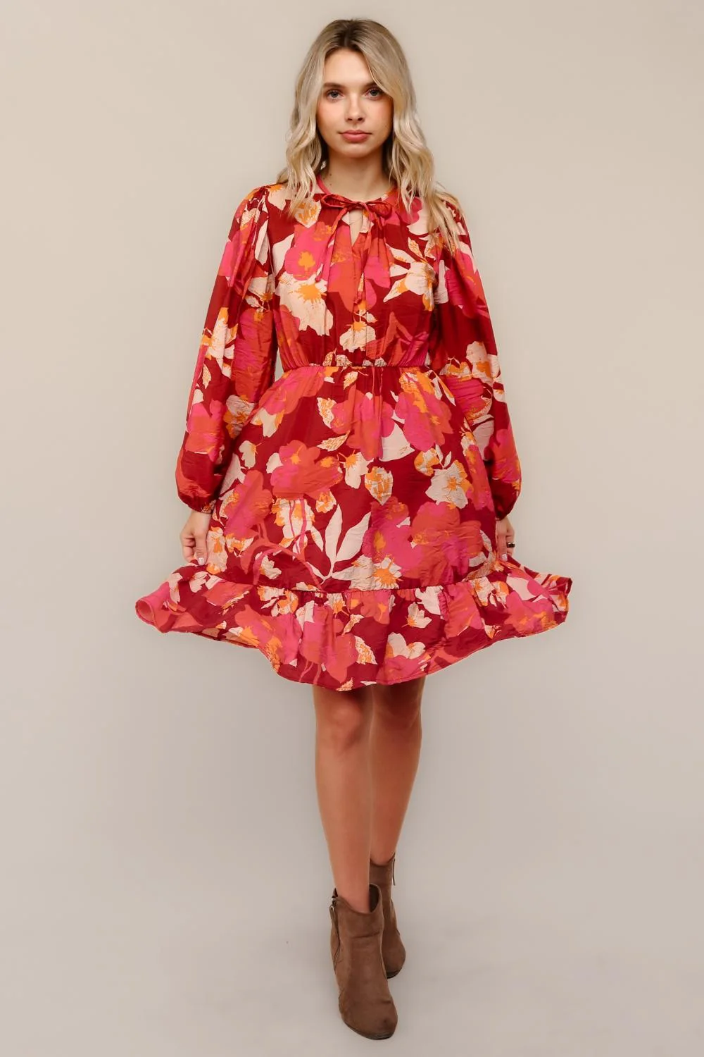 Plus Midi Floral Woven Dress W/Front Bow Tie