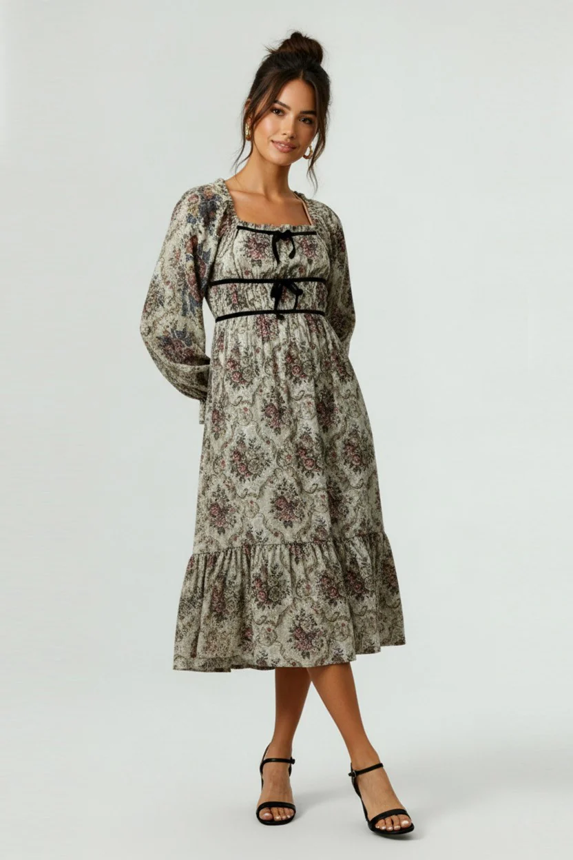 PLUS SHIRRED SMOCKING VINTAGE FLORAL PRINT MIDI DRESS
