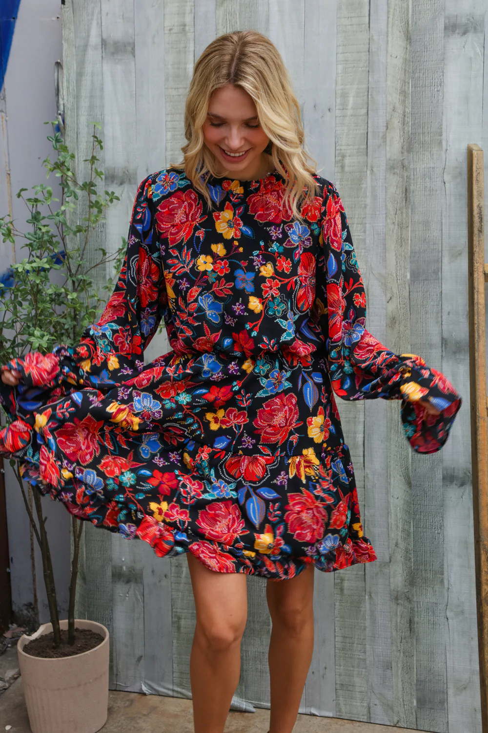 Black Woven Floral Print Dress