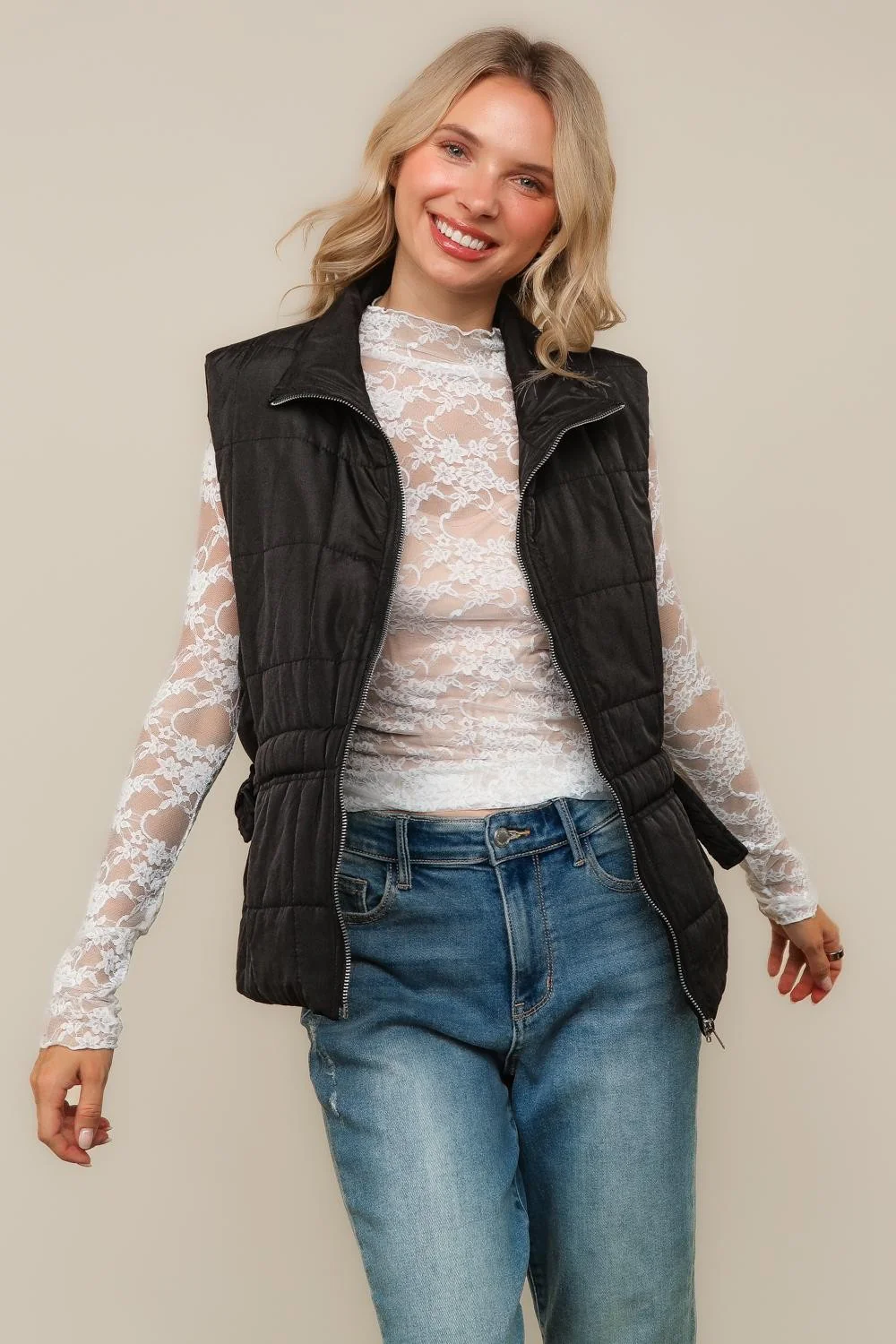Black High Neck Zip Up Quilted Puffer Vest