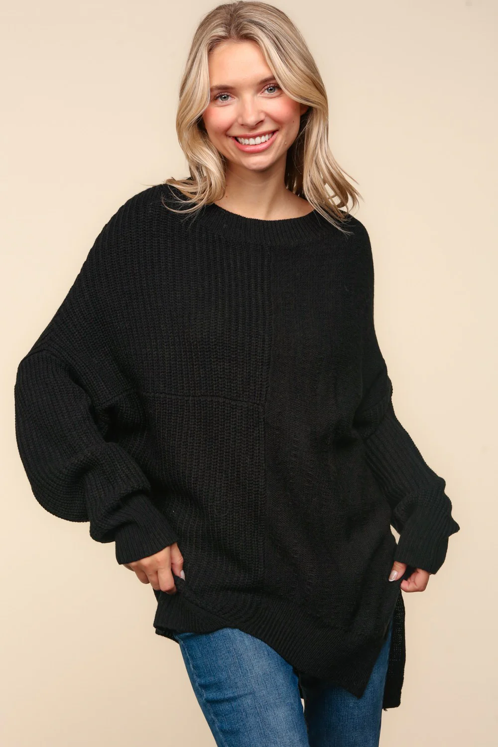 BLACK SOLID PATTERNED ASYMMETRIC SWEATER KNIT TOP