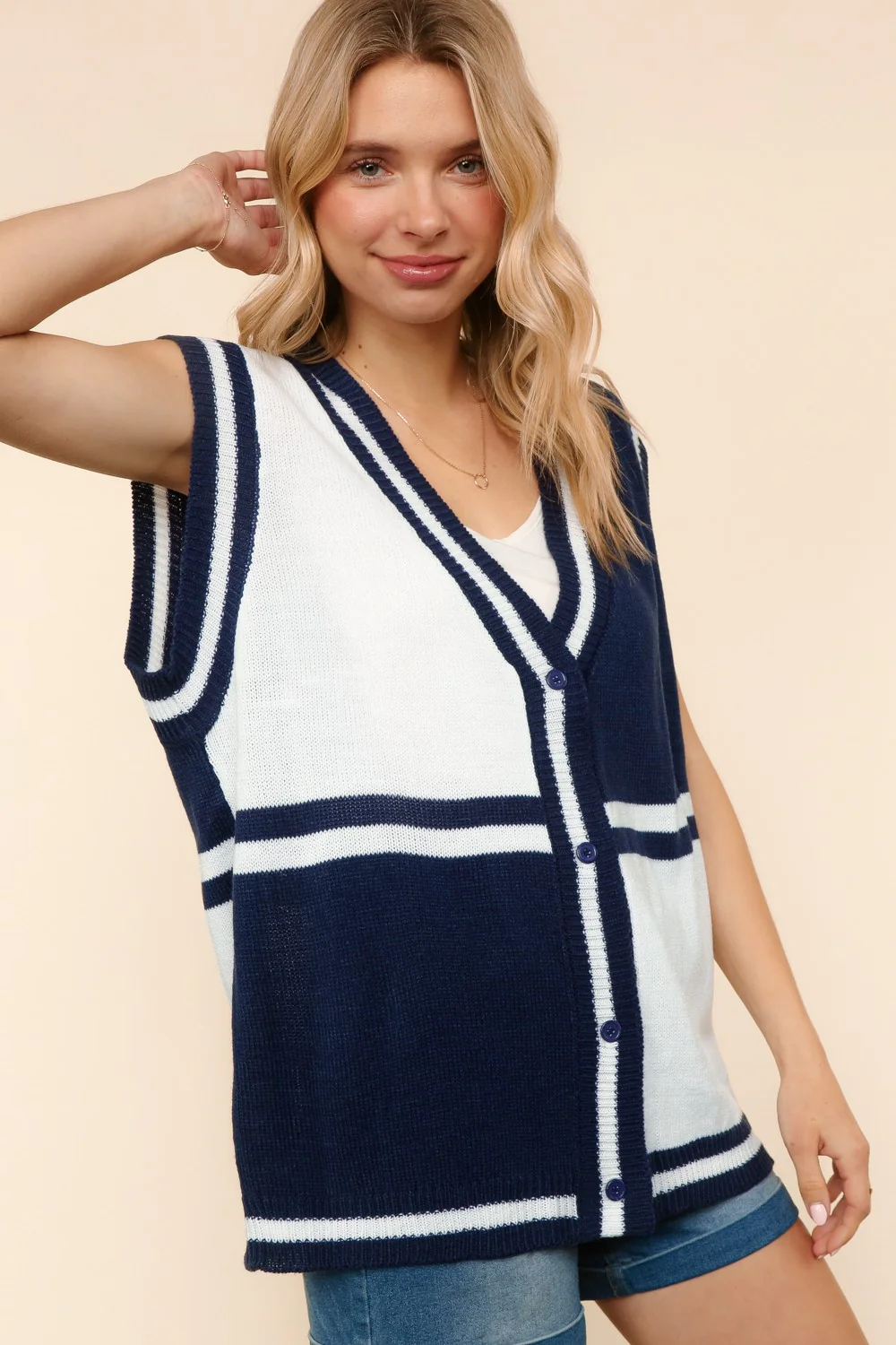 Navy V Neck Button Down Color Block Sweater Vest