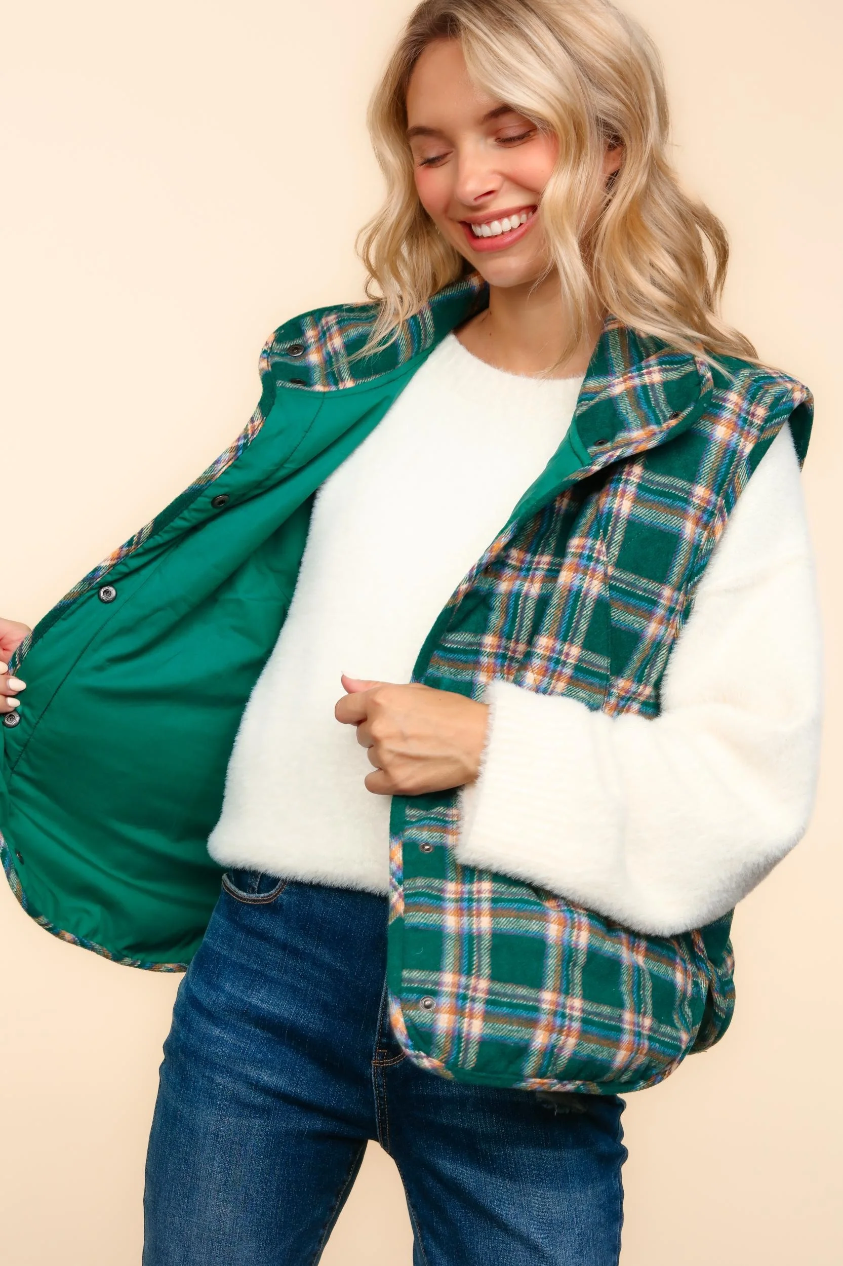 HIGH NECK SNAP BUTTON DOWN PLAID PUFFER VEST