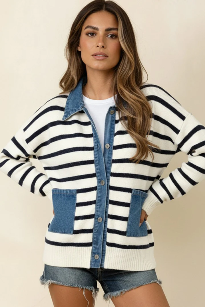 DENIM STRIPE SWEATER CARDIGAN W/ POCKET