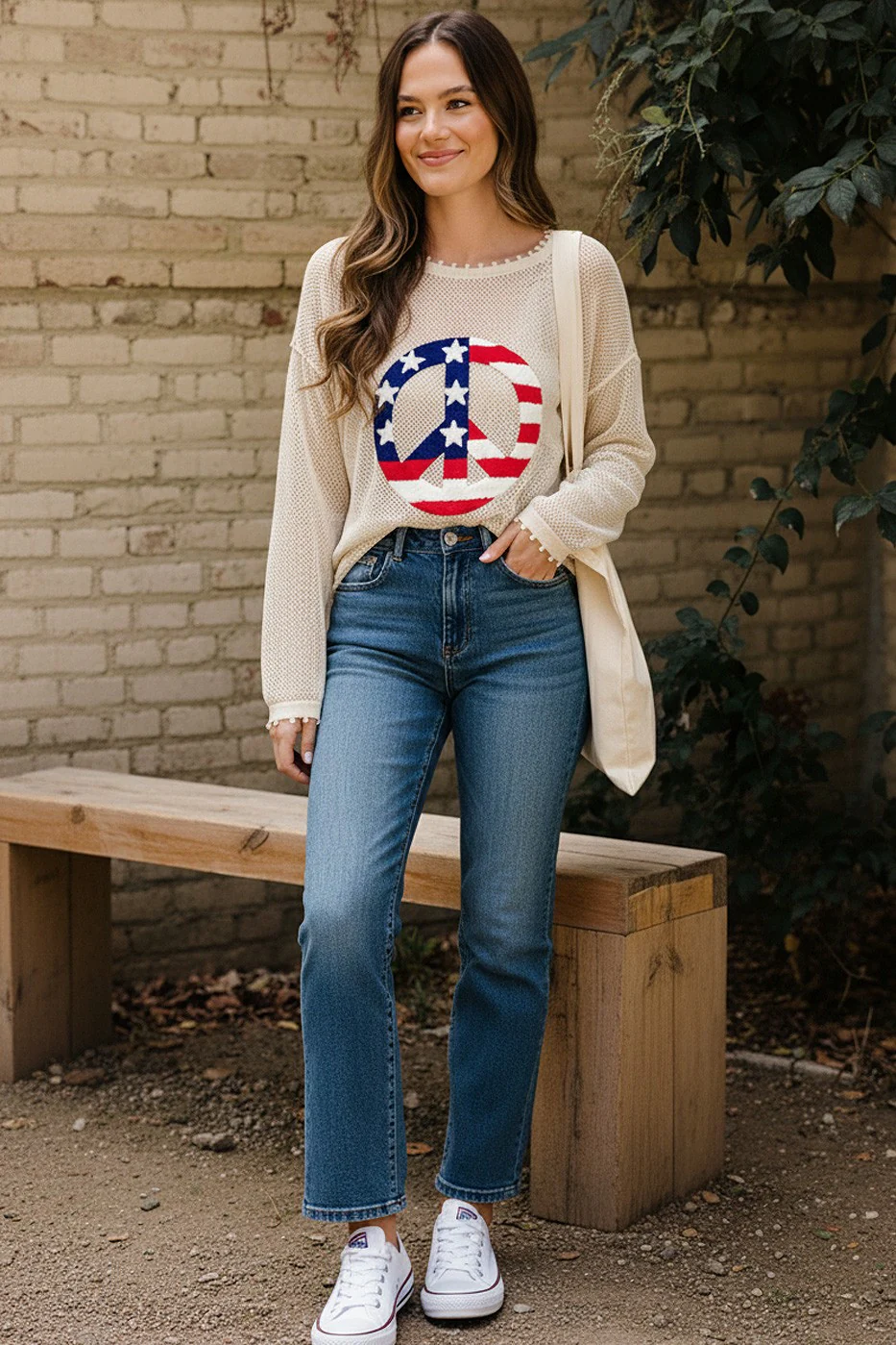 PLUS PEACE PATRIOTIC EMBROIDERY NETTED SWEATER