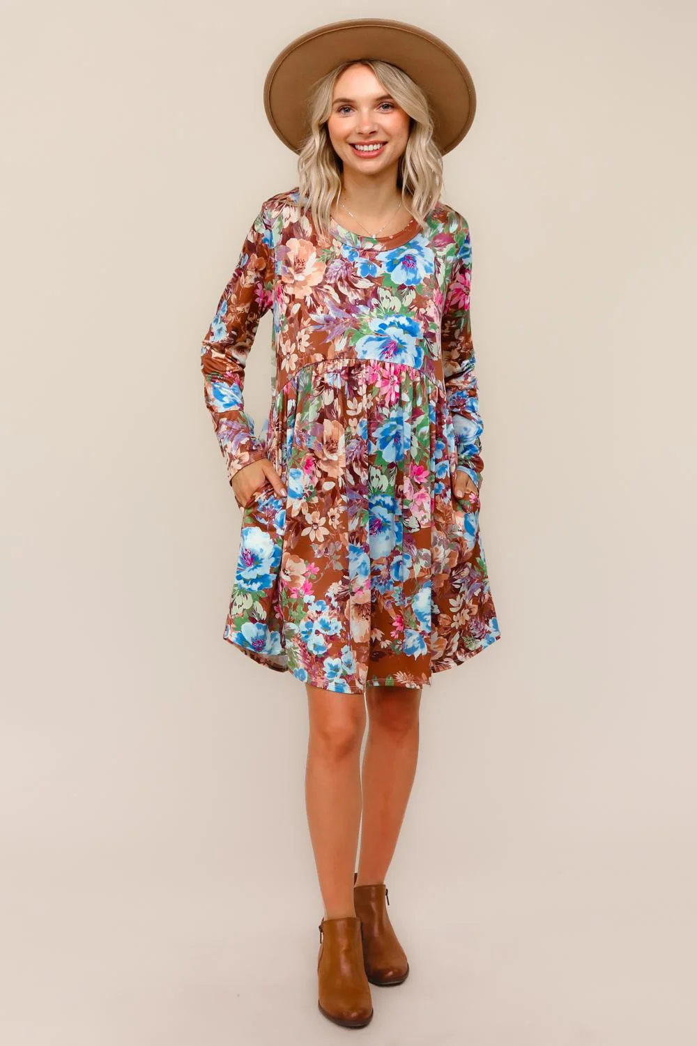 Floral Babydoll Midi Dress W/Side Pocket