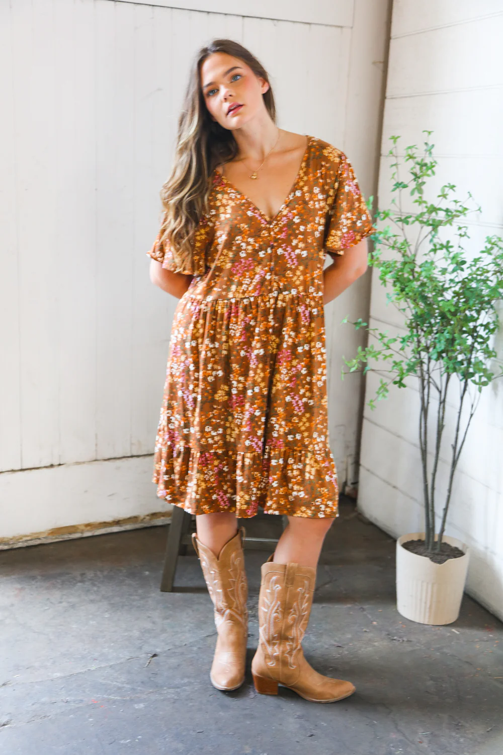 Plus Camel Floral Dress