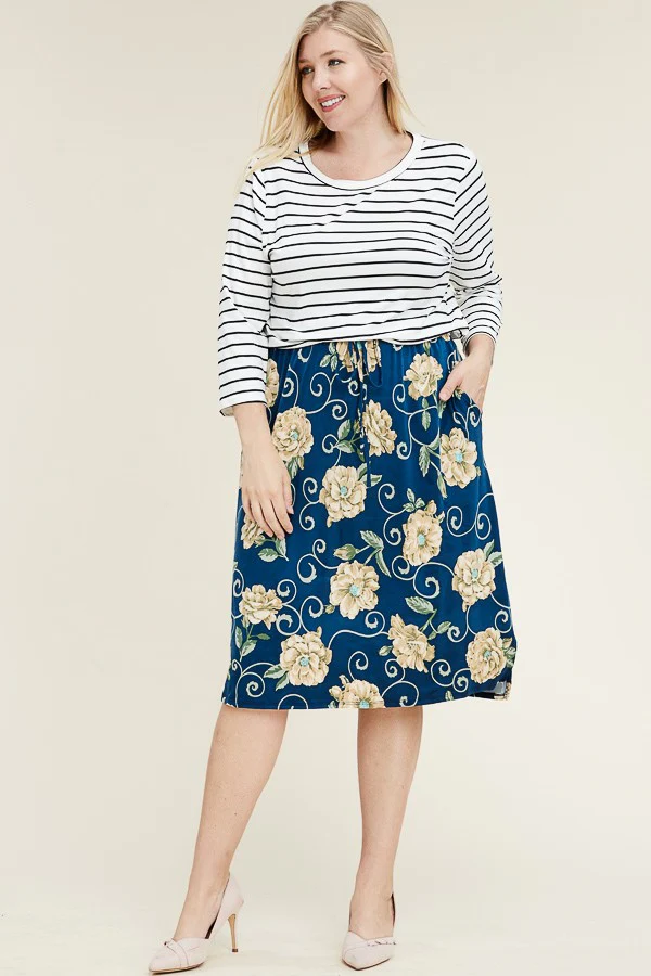 Plus GREY FLoral Striped Casual Dress