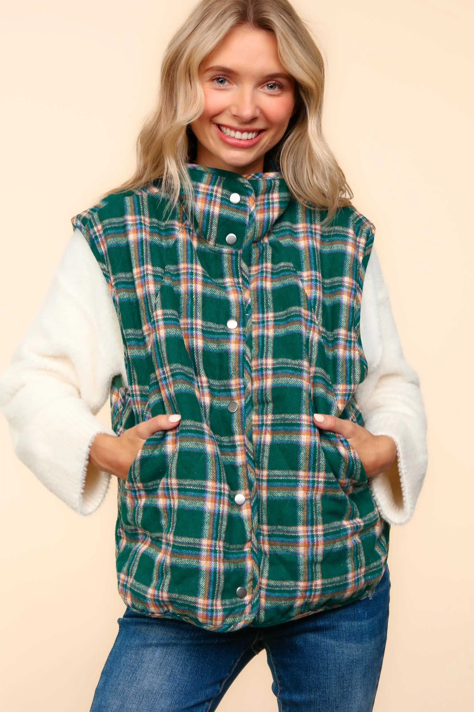 HIGH NECK SNAP BUTTON DOWN PLAID PUFFER VEST