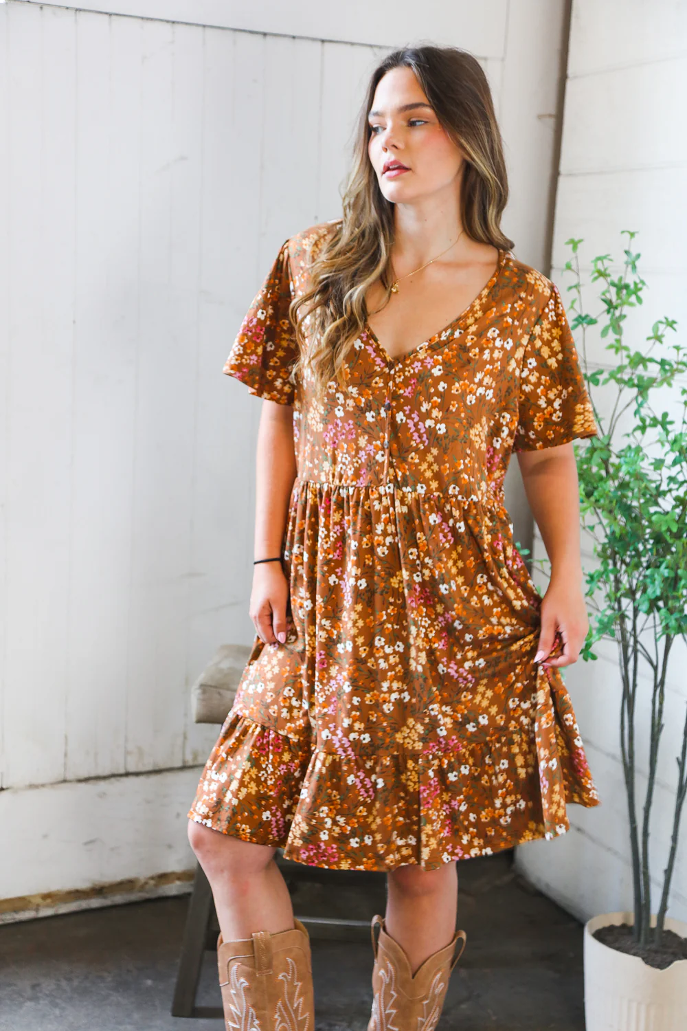Plus Camel Floral Dress