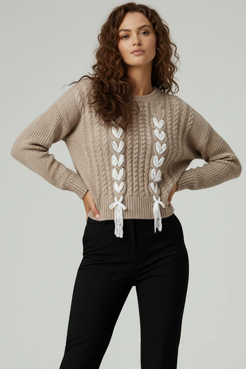 ROUND NECK CABLE PATTERN LACE BOW SWEATER