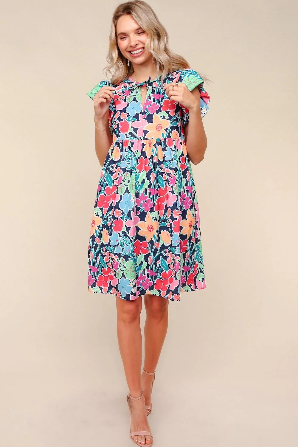 NAVY FLORAL KNEE LENGTH DRESS W/ SIDE POCKETS