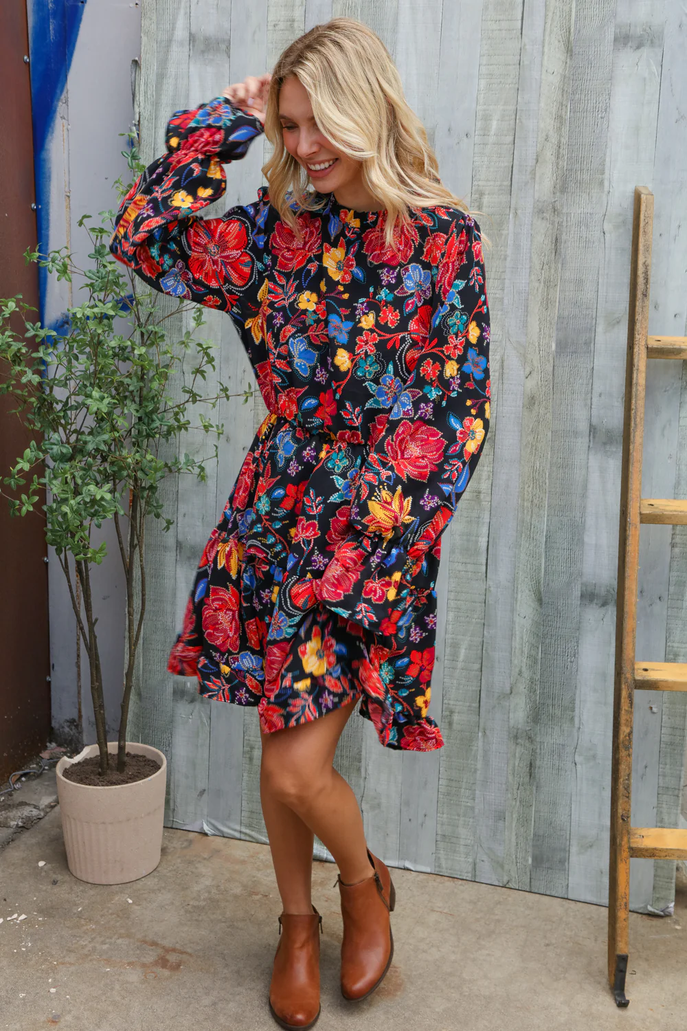 Black Woven Floral Print Dress