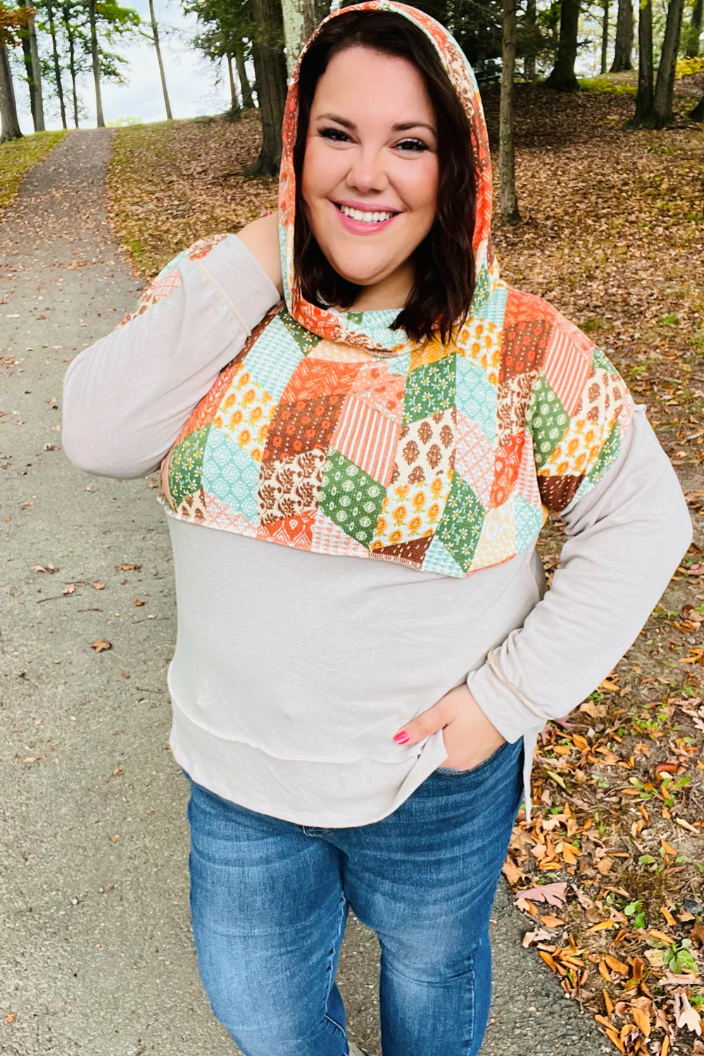 Rust & Olive Patchwork Print Yoke Hoodie Top (Open Pack)