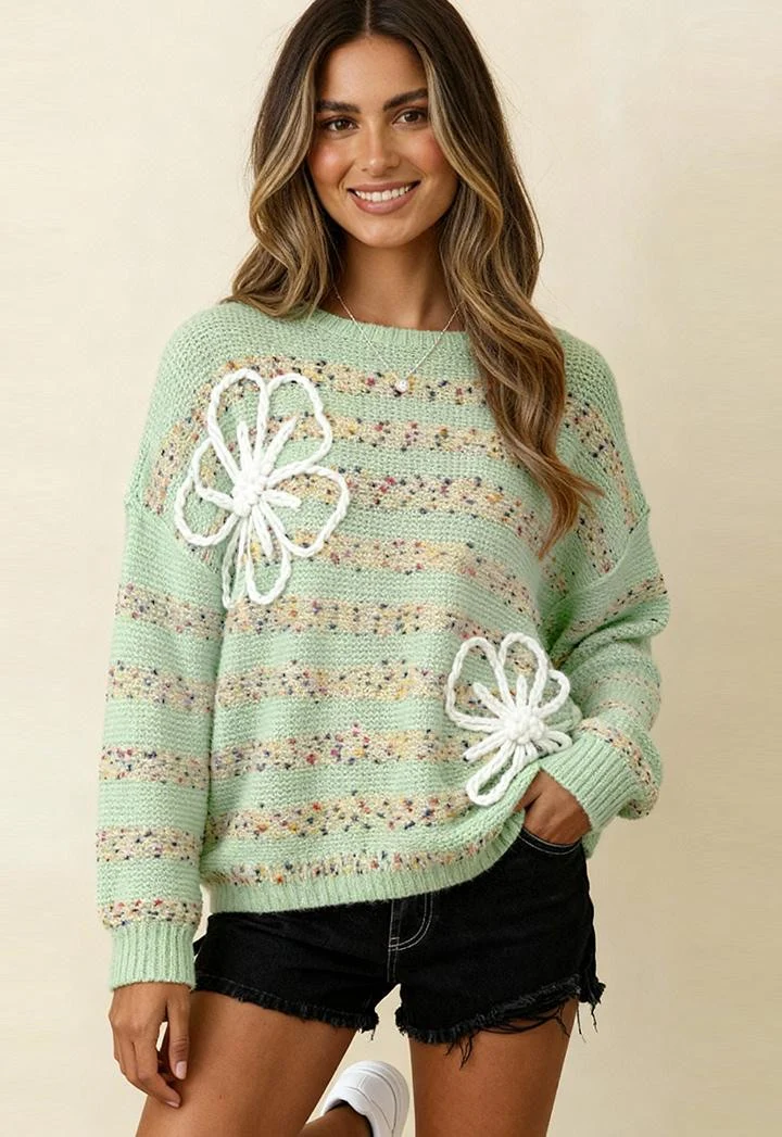 POPCORN STRIPE 3D FLOWER LONG SLEEVE SWEATER
