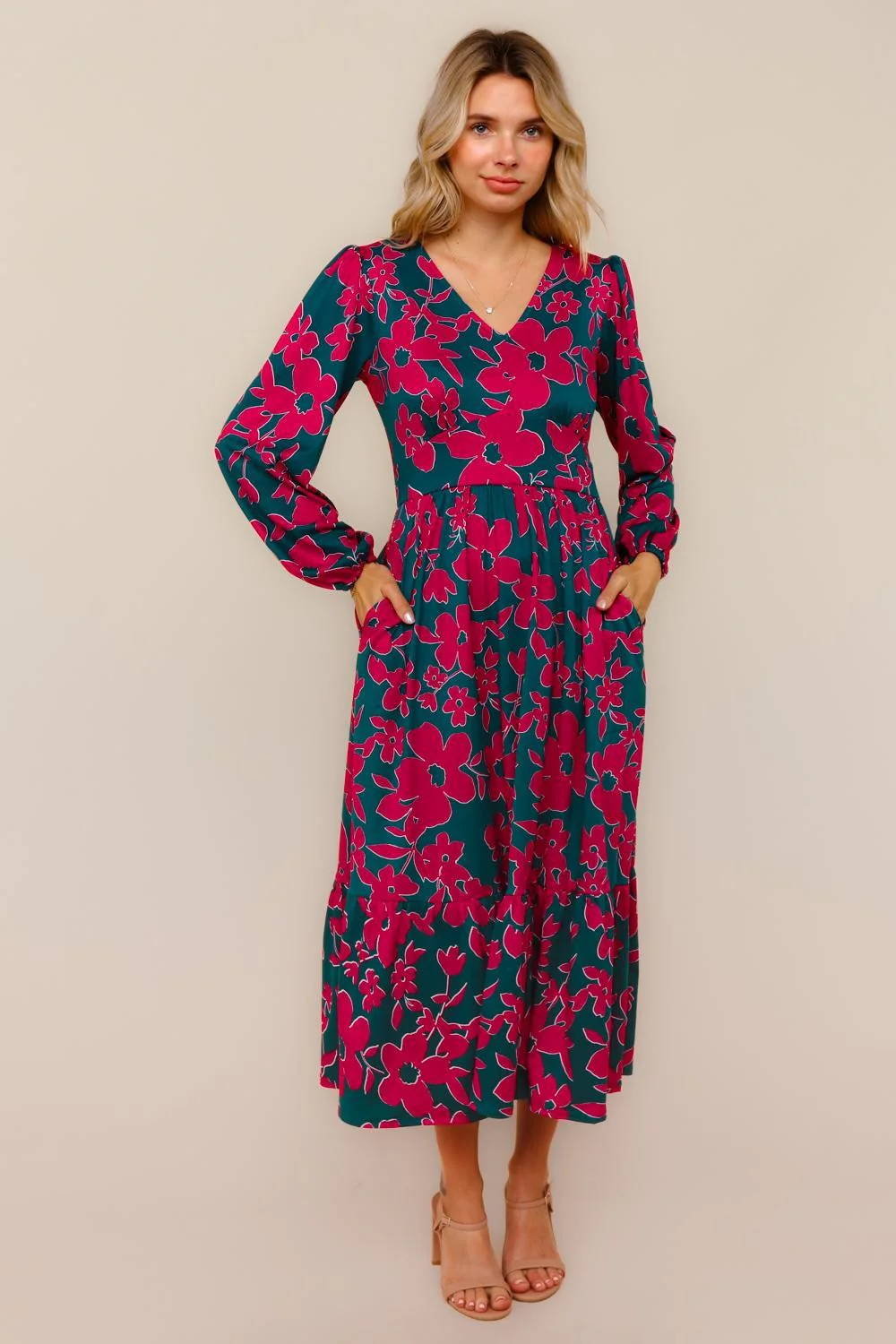 Plus Teal/Magenta Vintage Floral Midi Ruffle Hem Dress