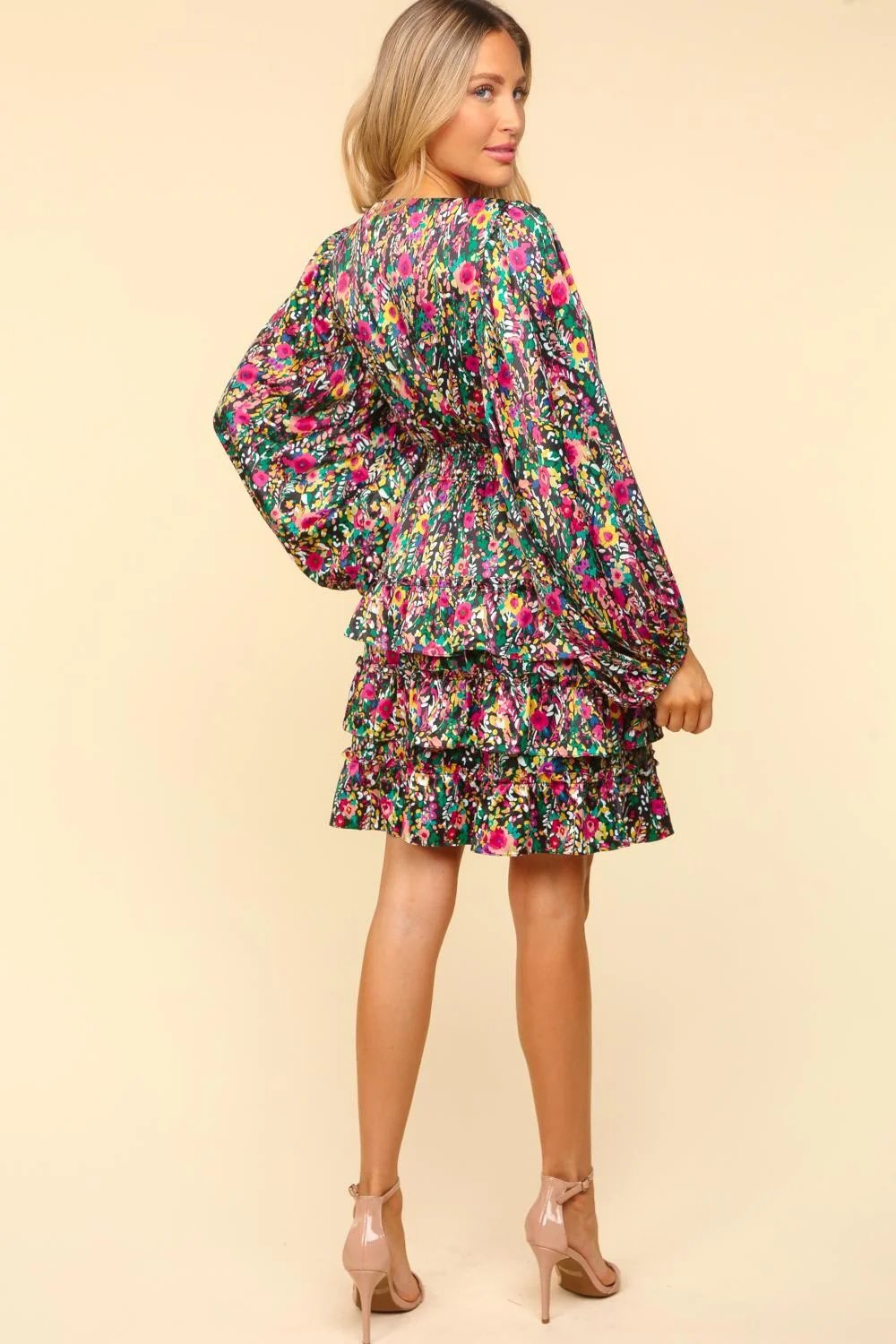 PLUS HIGH LOW KNEE LENGTH SATIN FLORAL WOVEN DRESS