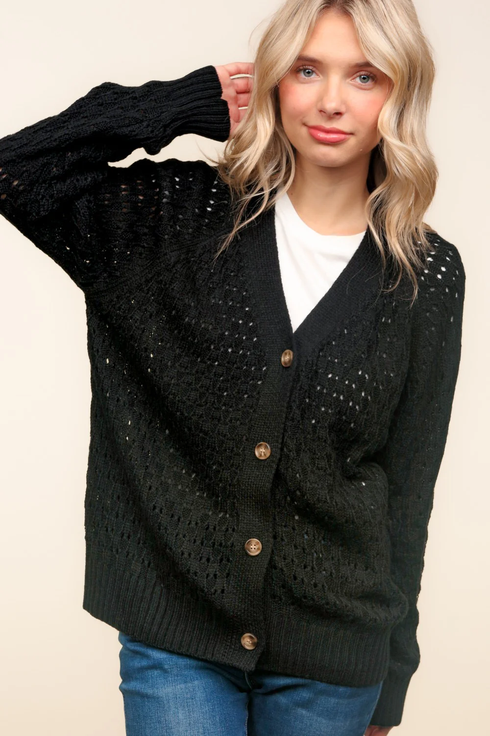 BUTTON DOWN POINTELLE SOLID SWEATER CARDIGAN