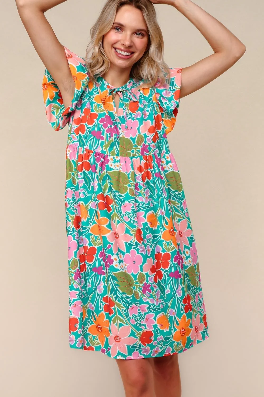 PLUS MINT FLORAL KNEE LENGTH DRESS W/ SIDE POCKETS