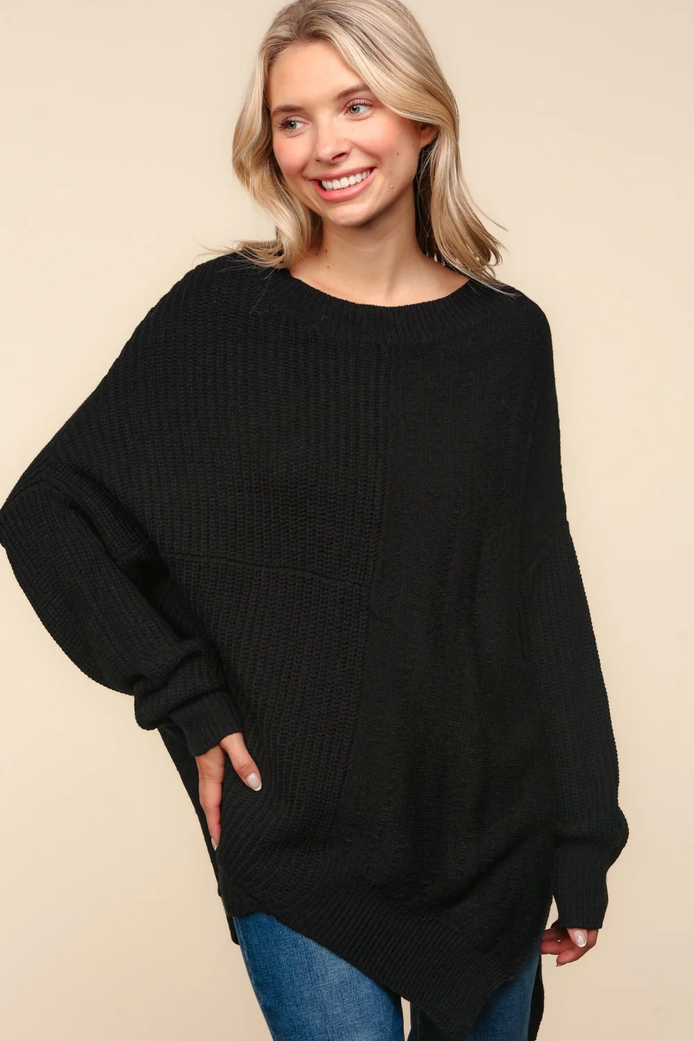 BLACK SOLID PATTERNED ASYMMETRIC SWEATER KNIT TOP