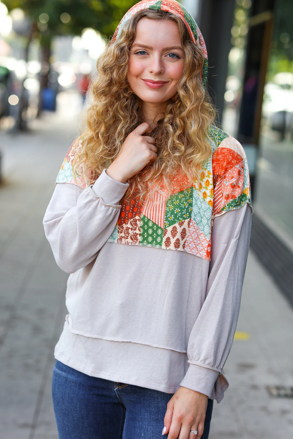 Rust & Olive Patchwork Print Yoke Hoodie Top (Open Pack)