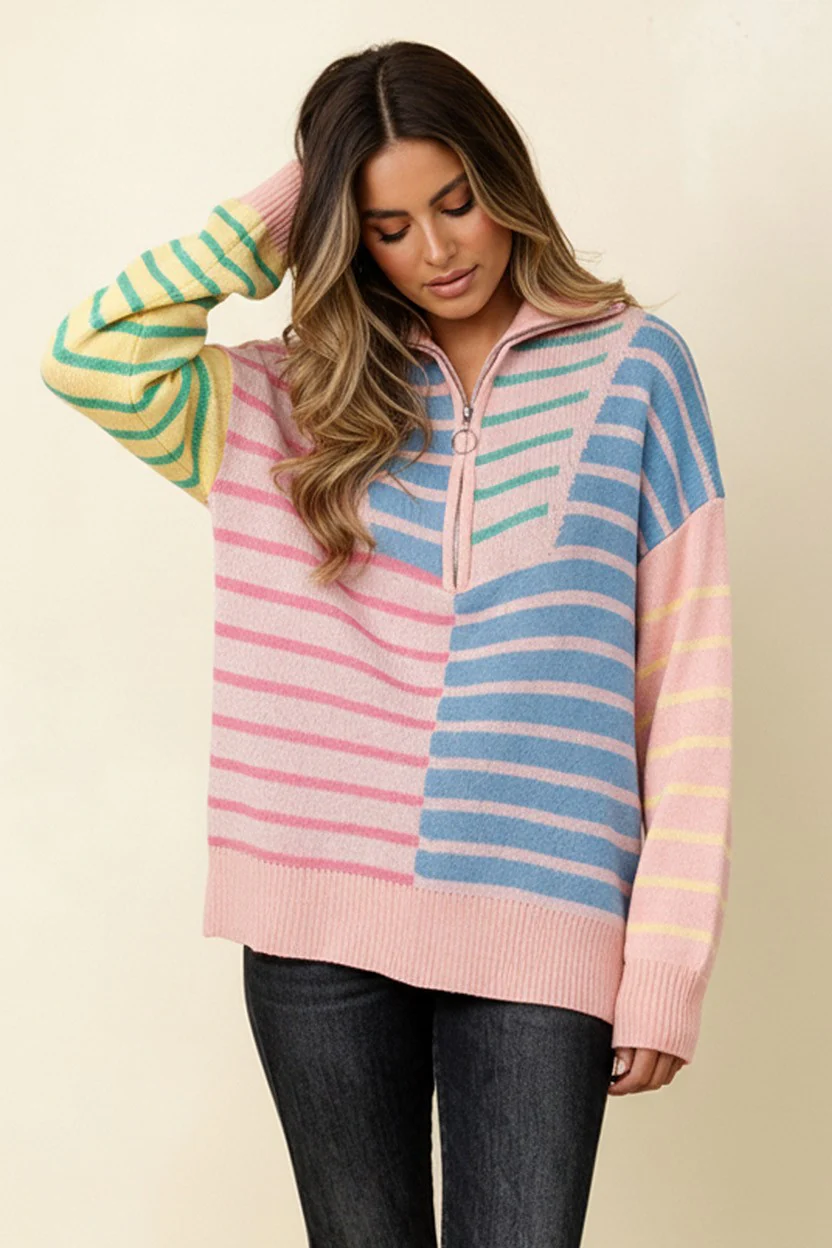 HALF ZIP UP STRIPE OVERSIZED SWEATER KNIT TOP