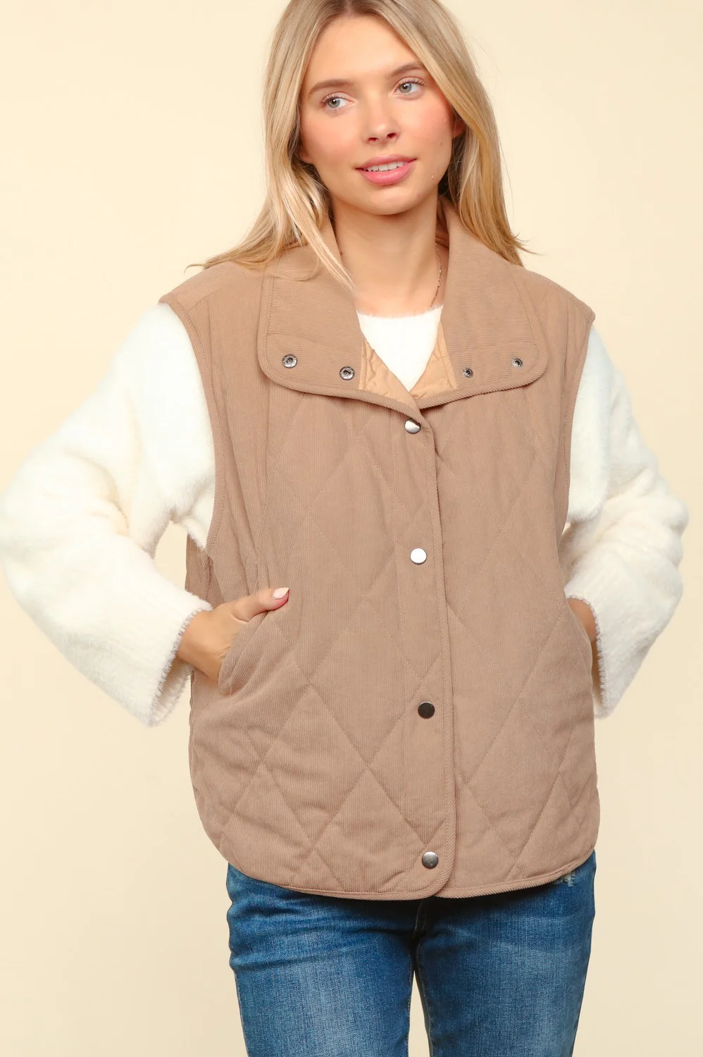 Taupe High Neck Sleeveless Snap Button Corduroy Vest