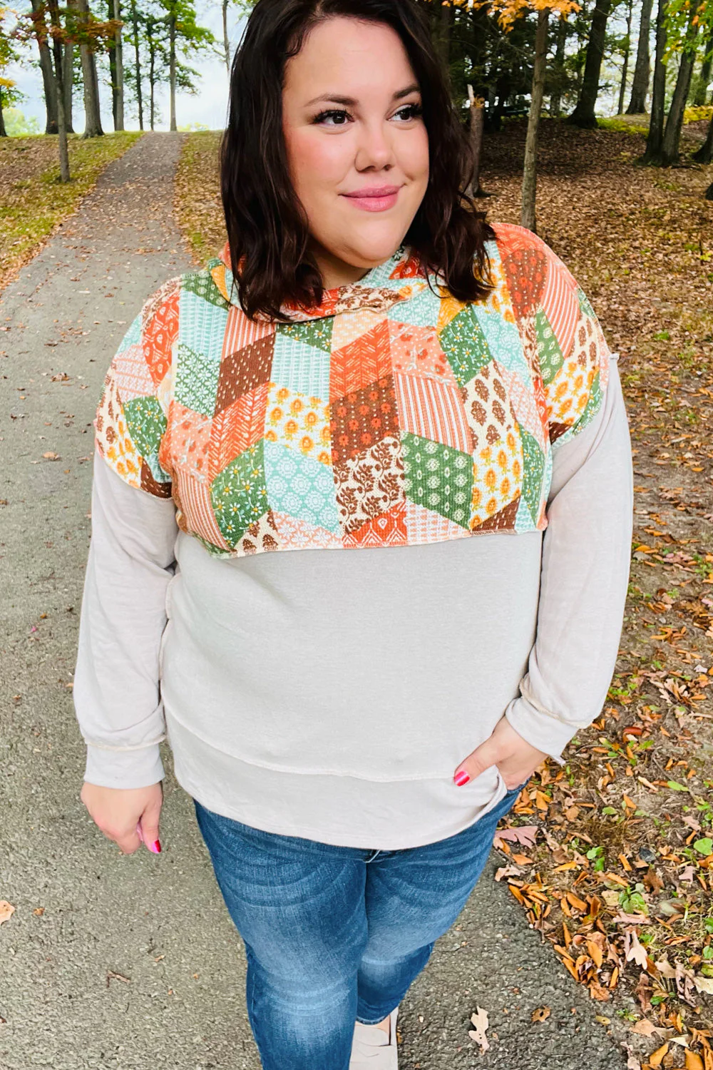 Rust & Olive Patchwork Print Yoke Hoodie Top (Open Pack)