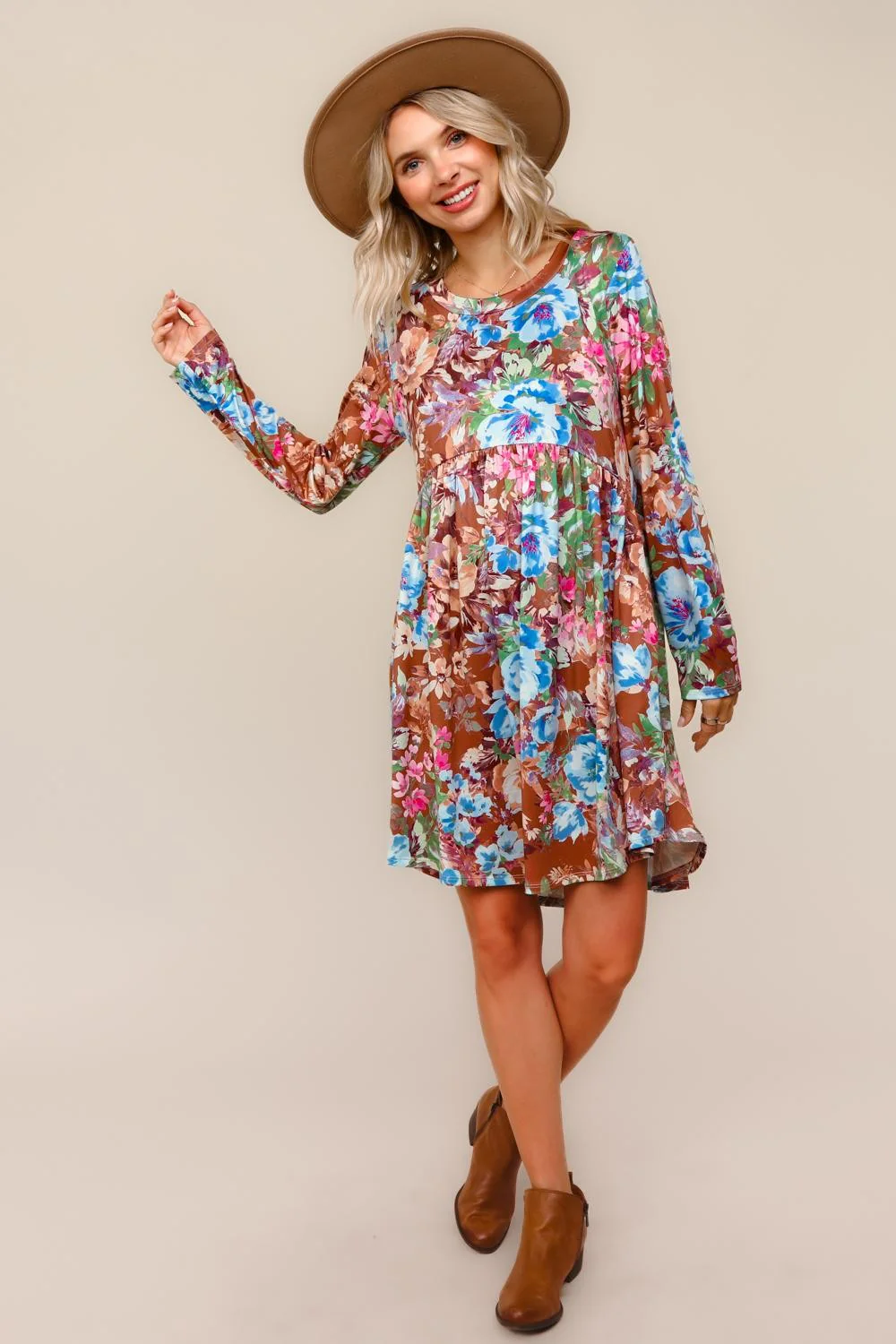 Floral Babydoll Midi Dress W/Side Pocket