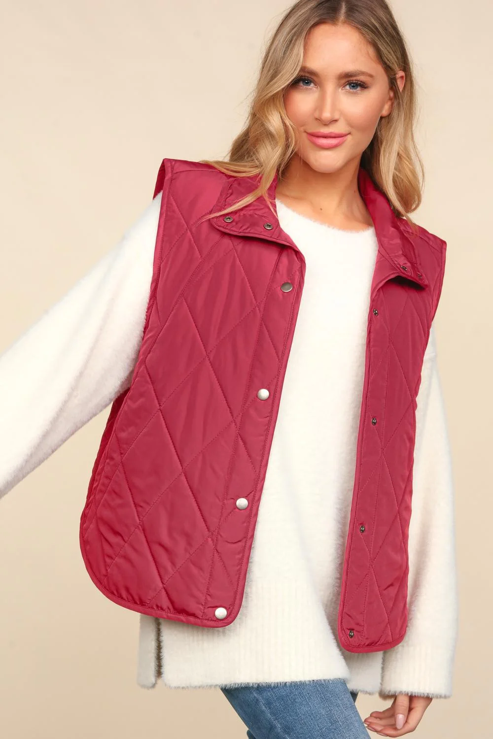 Burgundy Sleeveless Snap Button Quilted Puffer Vest