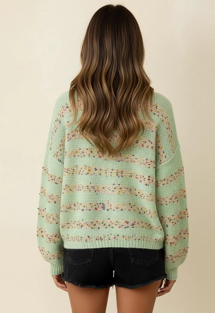 POPCORN STRIPE 3D FLOWER LONG SLEEVE SWEATER