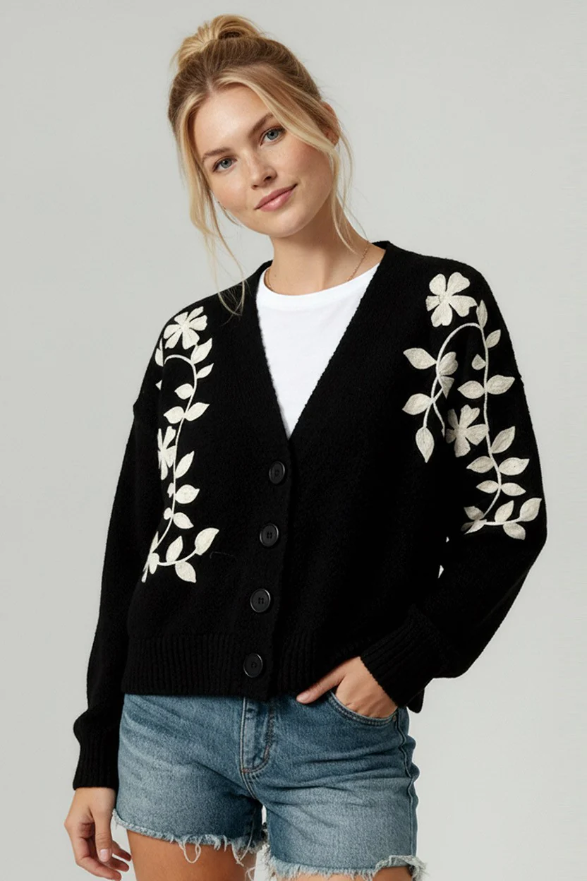BUTTON DOWN EMBROIDERED FLORAL SWEATER CARDIGAN