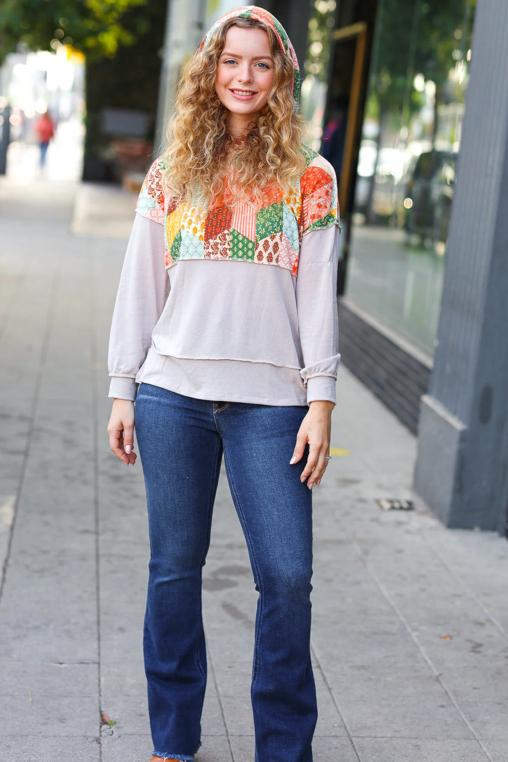 Rust & Olive Patchwork Print Yoke Hoodie Top (Open Pack)