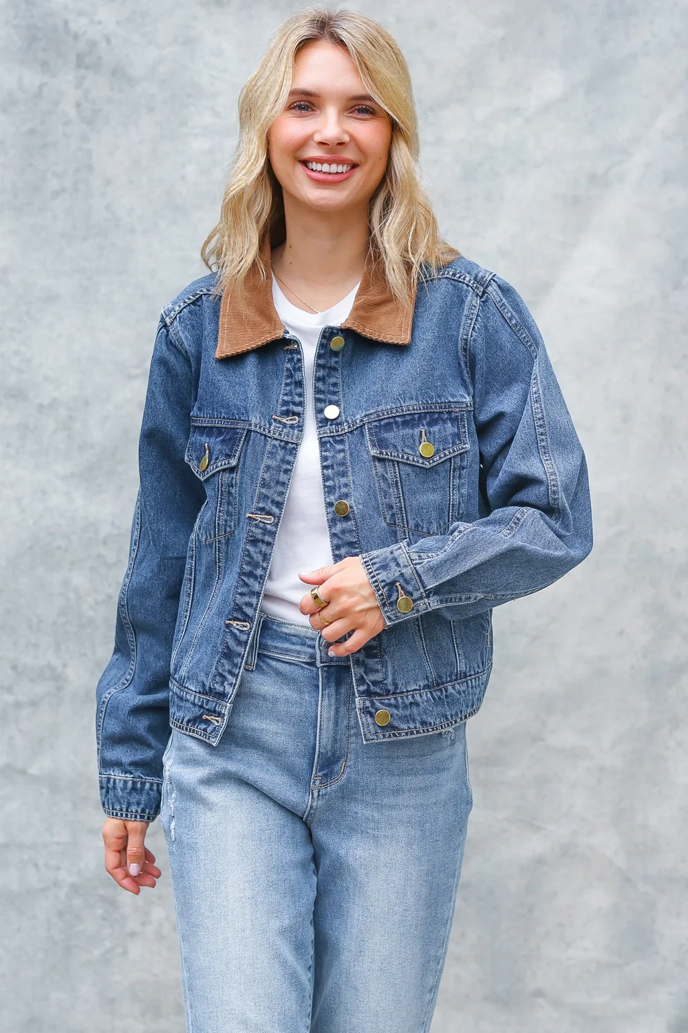 PLUS CORDUROY COLLAR BUTTON DOWN DENIM JACKET