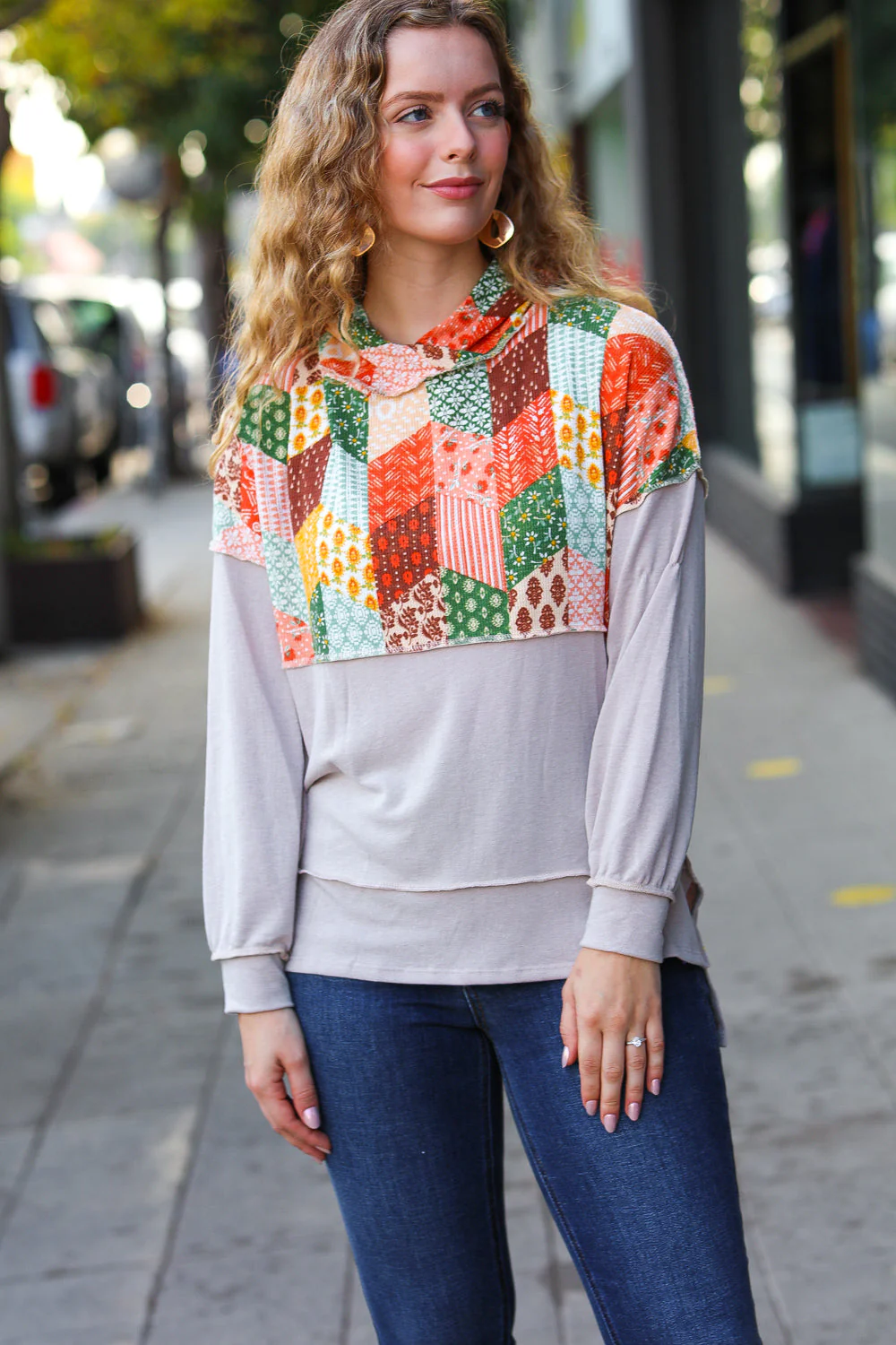 Rust & Olive Patchwork Print Yoke Hoodie Top (Open Pack)