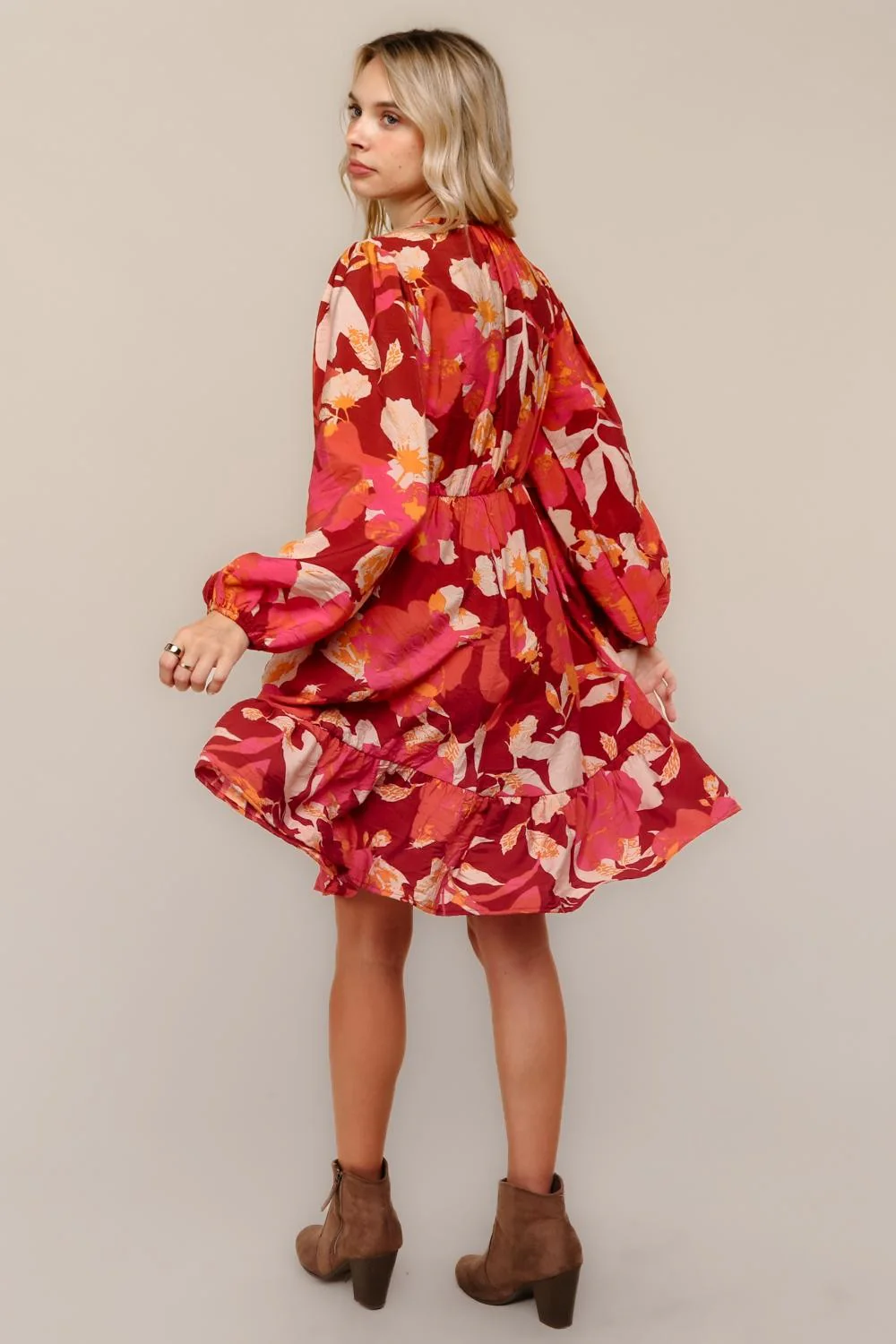 Plus Midi Floral Woven Dress W/Front Bow Tie