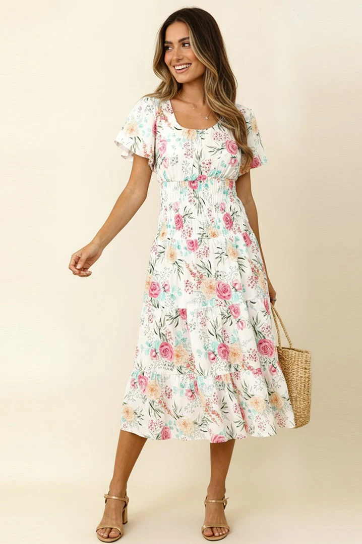 SMOCKED WAIST TIERED FLORAL MIDI LENGTH DRESS