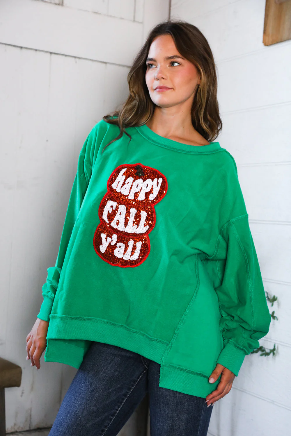 'Happy Fall Y'all' Kelly Green Sweater (Open Pack)