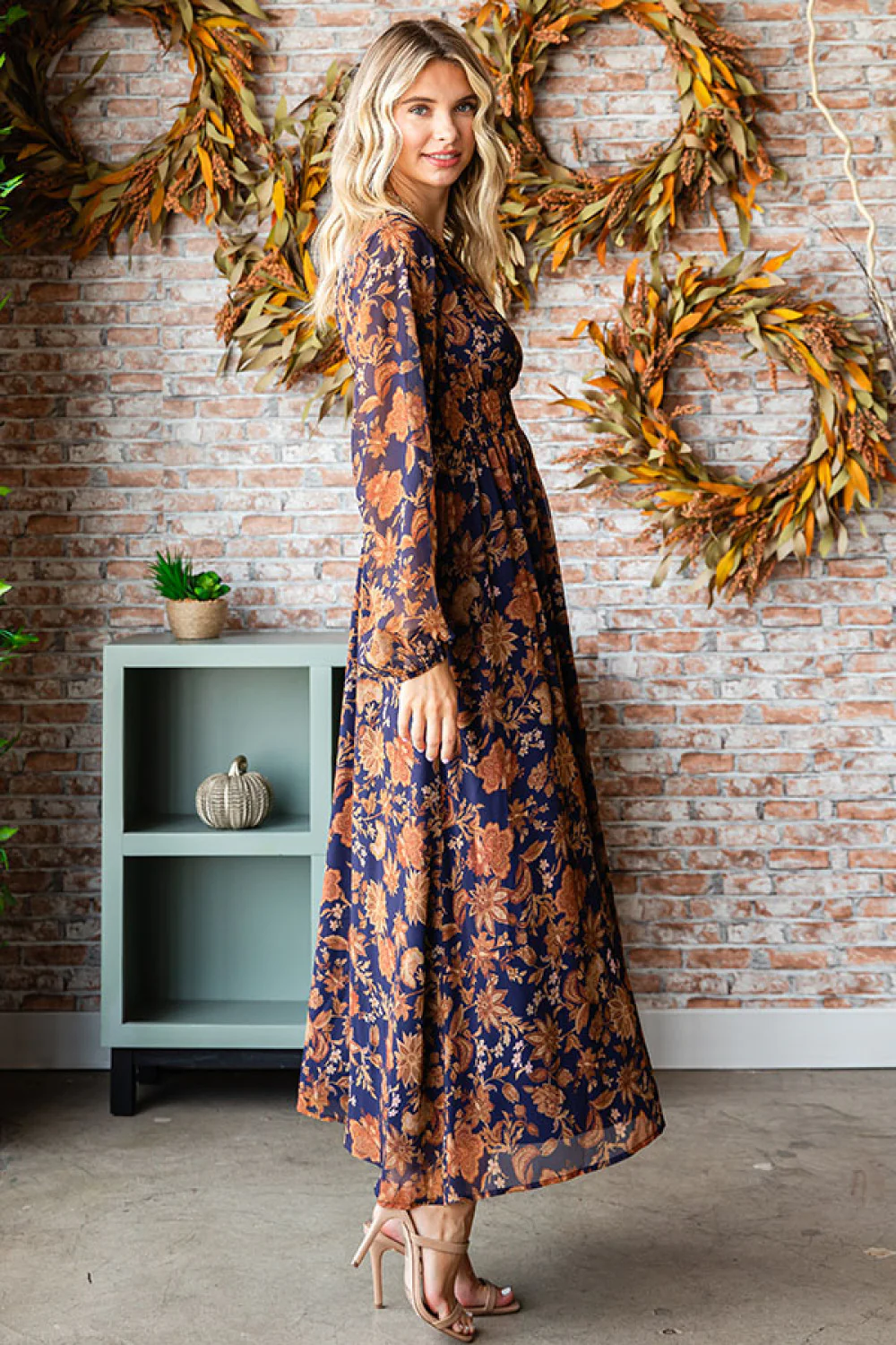 NAVY & GOLD WOVEN FLORAL DRESS
