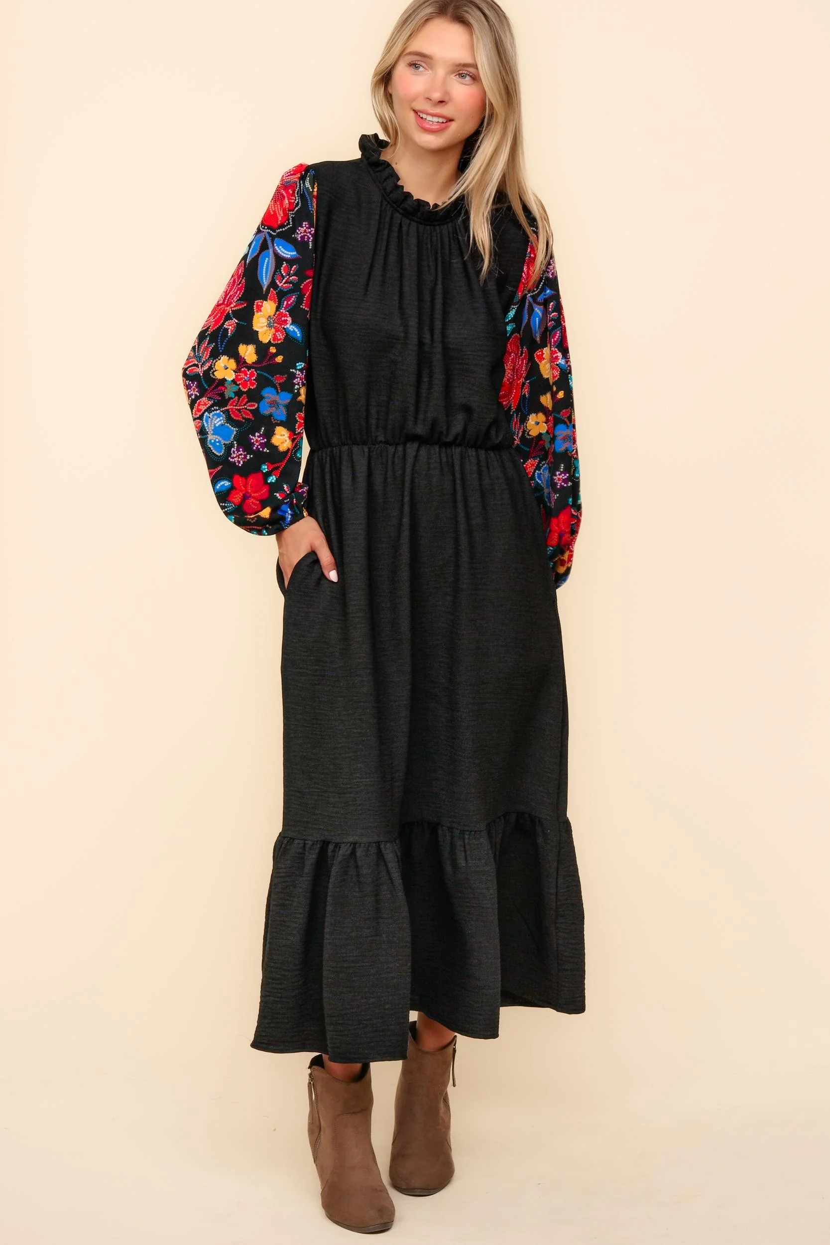 FLORAL SEQUINS PRINT LONG SLEEVE MAXI DRESS