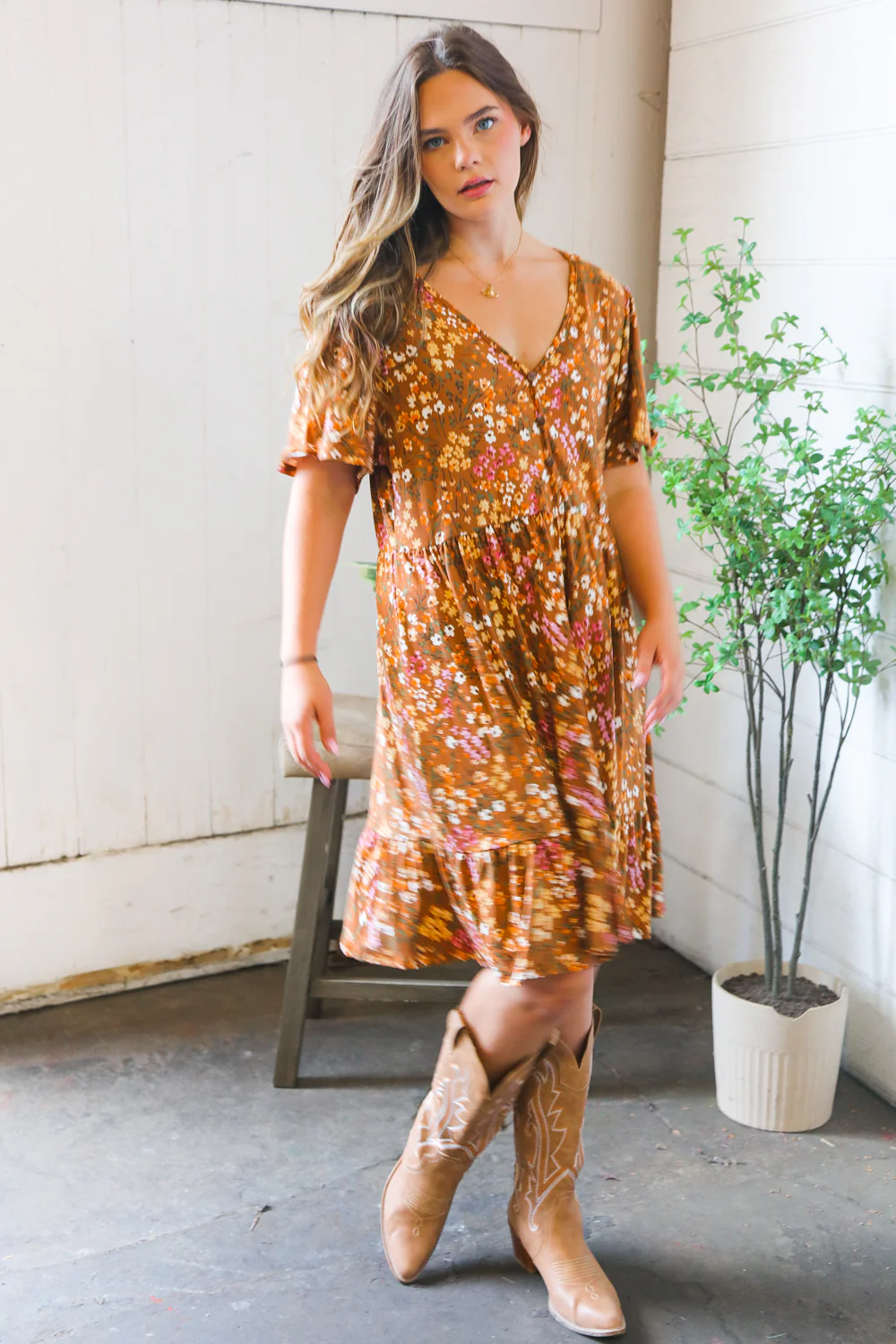 Plus Camel Floral Dress
