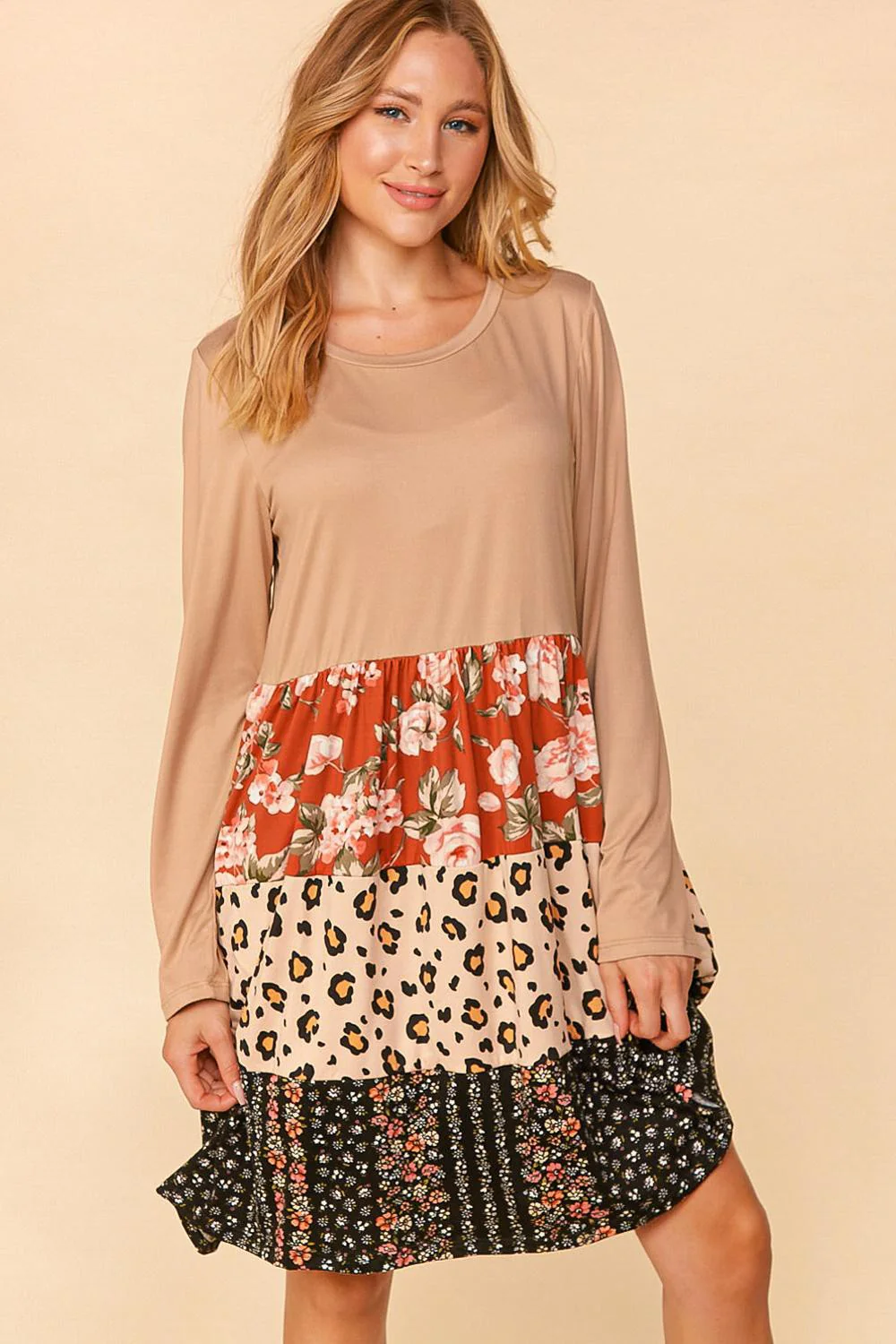 PLUS FLORAL & LEOPARD TIERED MIDI DRESS